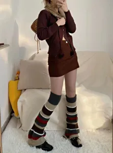 Herbst Winter Vintage gestreifte Strick Beinlinge kuschelige Ästhetik Mode warme Stulpen Zubehör
