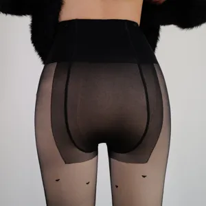 Detailed view of women's high-waisted fleece lined sheer tights with cute heart pattern.