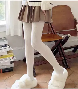 Medias blancas gruesas forradas de polar para mujer, panty térmico de invierno acogedor.