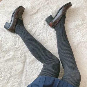 Women thick vertical stripe tights autumn winter warm cotton pantyhose with loafers
