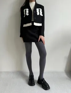 Women's grey knit tights with wave texture, warm thermal hosiery for autumn and winter wear.