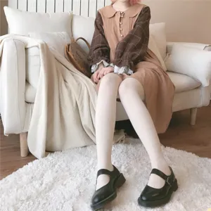 Autumn winter cotton tights for women sweet style milk apricot vertical stripes slim leggings