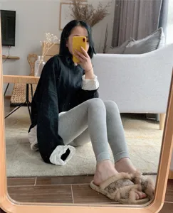Cozy autumn winter high waist grey cropped leggings women warm casual cotton pants daily wear
