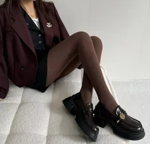 Brown knitted tights for women, autumn and winter warm herringbone pattern pantyhose detail.
