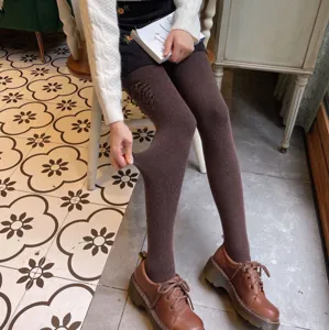 Thickened brown fleece lined tights for women winter high waist warm footed leggings