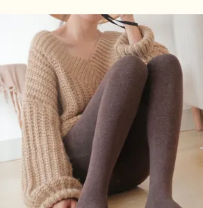 Autumn winter women fleece lined tights and soft thick warm knitted sweater set.