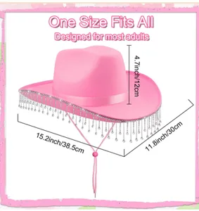 Pink rhinestone fringe cowboy hat for women, western felt jazz party hat with tassel