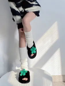 Cozy autumn winter knitted leg warmers and plush slippers set, comfortable daily warm wear.