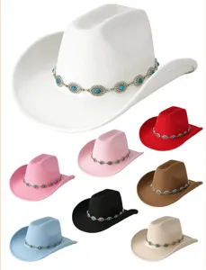 Western cowboy hat felt jazz hat with turquoise chain multi color fashion party headwear