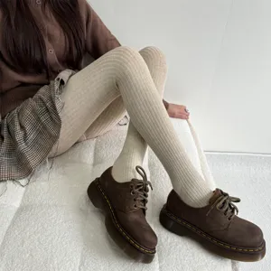 Thick warm fleece-lined tights for women, autumn winter wide ribbed knit pantyhose