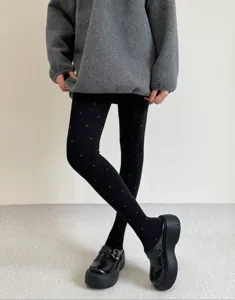 Autumn winter thick fleece lined black polka dot tights jacquard warm pantyhose for women