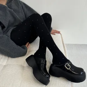 winter thick fleece lined polka dot tights warm casual black pantyhose for women