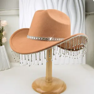 Brown felt western cowboy hat featuring sparkling rhinestone bands and elegant design