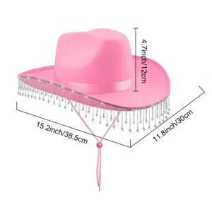 Pink western cowboy hat with rhinestone fringe, perfect for party, festival and wedding events.