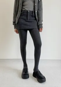 Grey fleece lined tights detail view, thick warm winter skirt leggings for women.