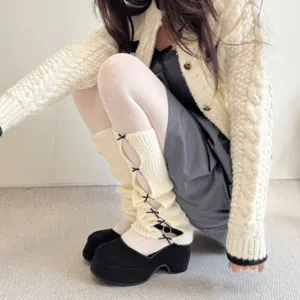 Winter women knit leg warmers retro hollow bow jacquard tight stockings detailed view item.