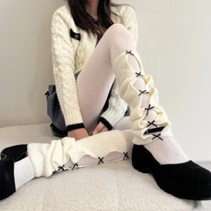 Details of women winter cute bow leg warmers knit tights jacquard hollow fashion hosiery