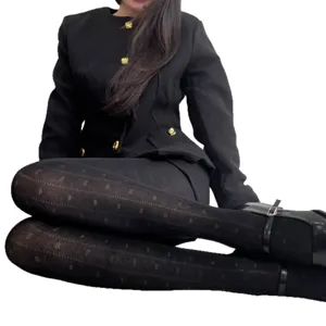 Women autumn winter black patterned tights vintage jacquard pantyhose elegant classic style wear