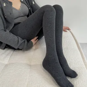 Thickened fleece-lined gray polka dot knit tights for women winter warm thermal leggings
