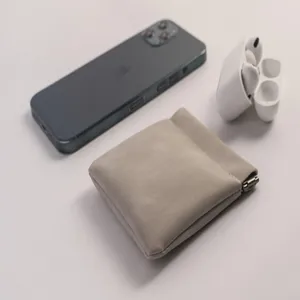 Details of grey PU leather spring earphone pouch, portable cord organizer coin purse storage bag