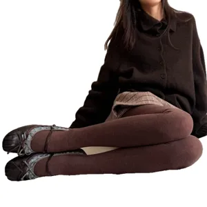 Thick brown tights for women autumn winter warm fleece lined opaque footed pantyhose.