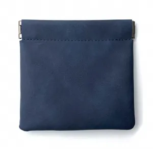 Dark blue leather spring pouch for earphones and data cables, clean main product view.