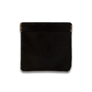 Portable black leather squeeze pouch for earphones and cables with metal spring frame.