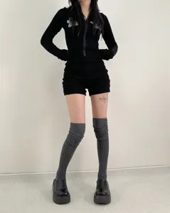 Japanese style over-the-knee long socks, dark grey ribbed knit thigh high winter hosiery.