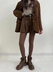 Retro women autumn winter knit corduroy suit pleated shorts ribbed tights outfit stylish set