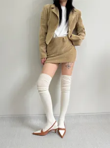 Autumn winter lazy style over knee thigh socks white cotton wide stripe slouch socks