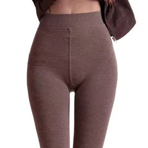 Damen Thermoleggings gefuettert hochbund winter warme dicke strumpfhose braun einfarbig