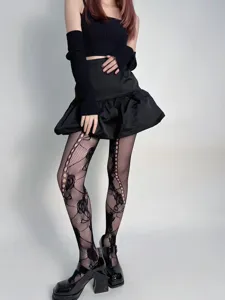 Zwarte visnetpanty met stijlvol hol rozenpatroon, comfortabele sexy retro dameskousen.