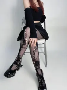 Sexy zwarte visnet panty met chique holle rozenbloem patroon. Slankmakende retro panty.