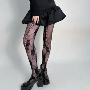 Zwarte netpanty met stijlvol retro rozenpatroon, sexy transparante kousen voor dames.