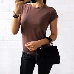 Detailed view of women casual solid color short sleeve slim fit t-shirt in brown style.