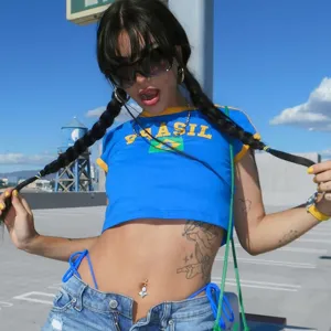Y2K Blaues Kurzes T-Shirt Kurzarm Brasilien Buchstaben Druck Sommer Casual Streetwear Top
