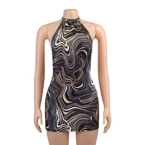 Abstraktes Wirbelmuster Halfter Ausschnitt Bodycon Mini Kleid Detailansicht Sommer.