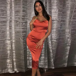 French style satin slip dress for women, elegant sleeveless midi dress for summer parties.