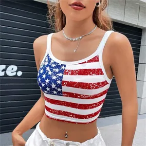 American flag print crop tank top, vintage sleeveless sexy summer streetwear for women.