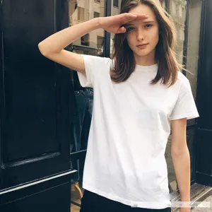 Plain white short sleeve t-shirt detail view, casual crewneck everyday basic summer top.