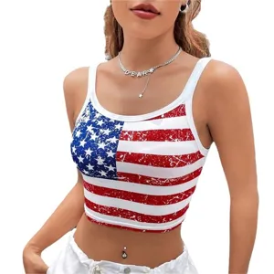 Women USA Flag Print Crop Tank Top Independence Day Casual Slim Fit Sleeveless Summer Vest