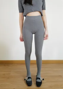 Women grey knitted tights high waist solid color leggings comfortable warm winter apparel outfit