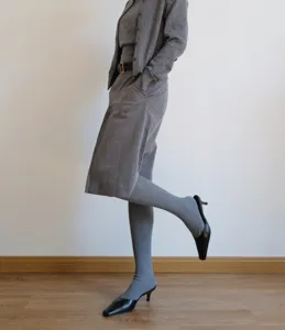 Gray knit cardigan skirt set and stirrup leggings outfit fashion autumn winter daily wear