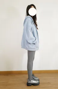 Detailed side view of women grey fleece lined winter thermal leggings for daily casual wear.