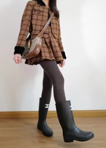 Brown fleece lined footed tights for women, thermal thick winter leggings with high waist tummy control.