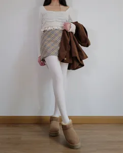 Women thermal white tights winter thick leggings retro plaid skirt chic daily autumn outfit set