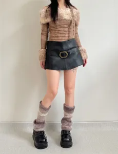 Detailed view of winter gradient leg warmers, soft knit warm cozy stacking socks for women.