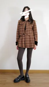 Fall winter brown plaid suit fleece lined leggings set stylish warm outfit detail view
