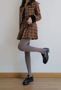 Grey cable knit pantyhose for women, thickened vintage textured tights, versatile autumn style.