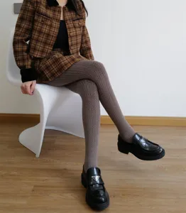 Retro brown patterned tights for women, chic autumn winter cable knit pantyhose socks outfit.